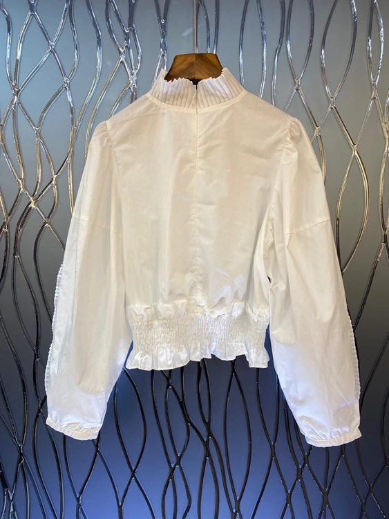 

2020 autumn and winter new fashion women's pleated fungus stitching wrinkle long-sleeved solid color all-match shirt 1123
