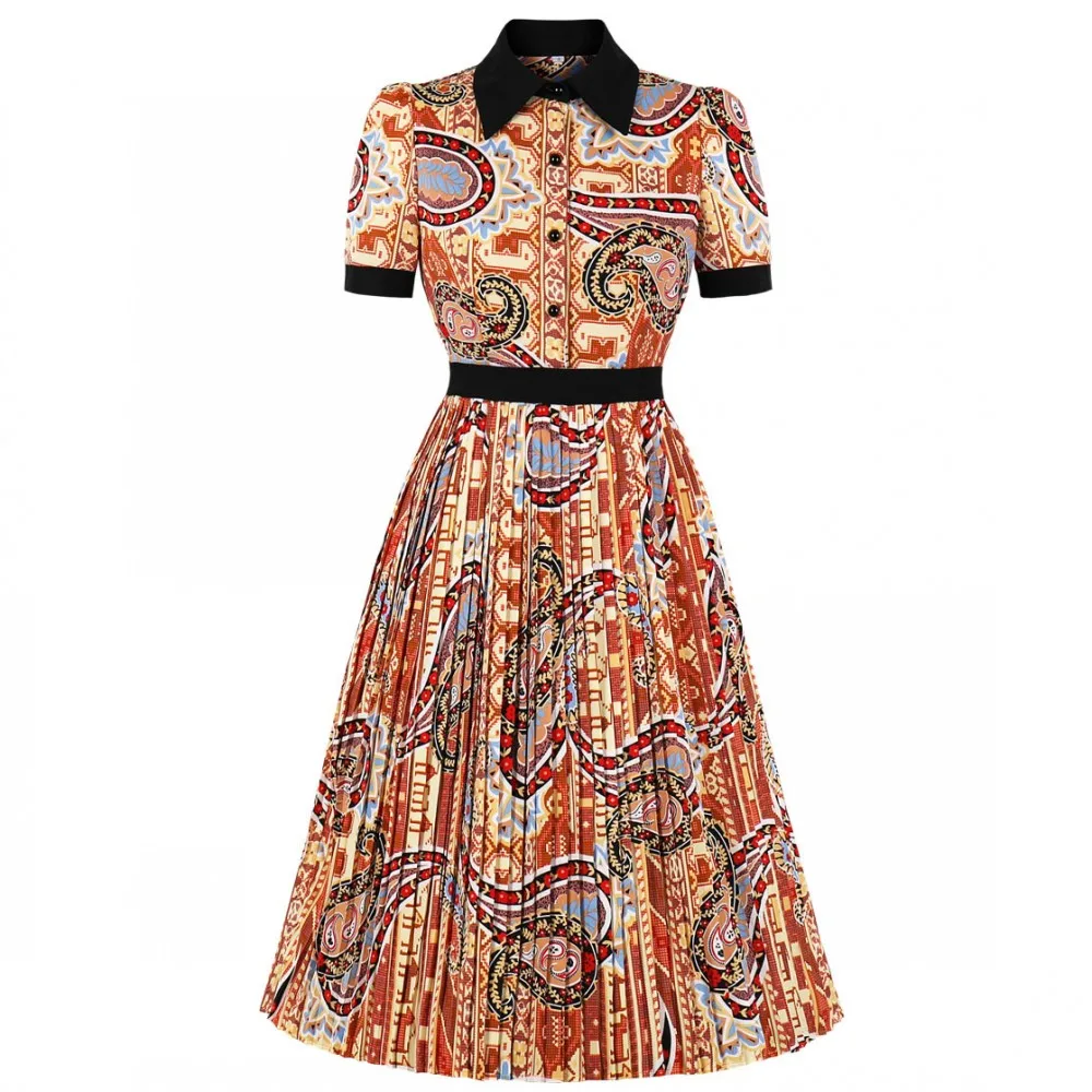 

Print Short-sleeved Dress Casual Fashion Women's Loose Lapel MIDI Skirt 2021summer New Fashion Slim Elegant Large Swing Vestidos