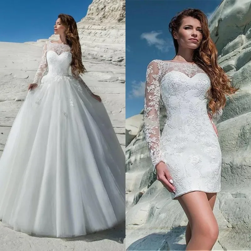 2 In 1 Mermaid Wedding Dress With Detachable Skirt Two Pieces Tulle Princess Bridal Gown For Women Long Sleeve O-Neck Appliques