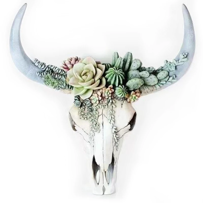 

3D Animal Wildlife Resin Longhorn Cow Skull Head Wall Hanging Decor Sculpture Figurines Crafts Horns For Home Halloween Decor