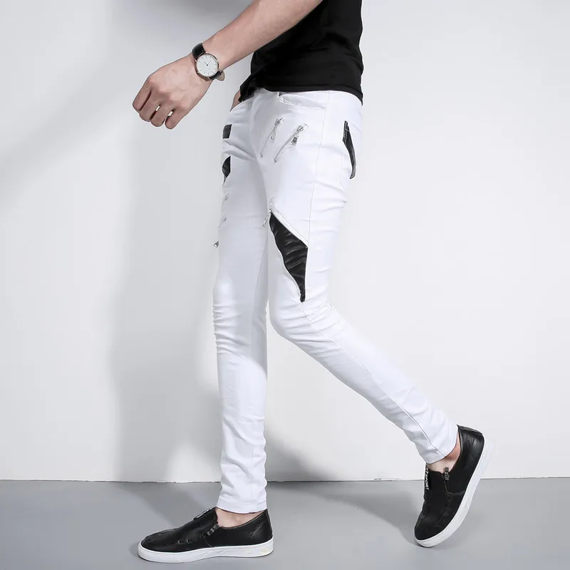 Hip Hop Jeans for Men Streetwear Fashion Patchwork Punk Gothic Party Stage Multi Zippers Skinny Black Leather Pants Designer | Мужская