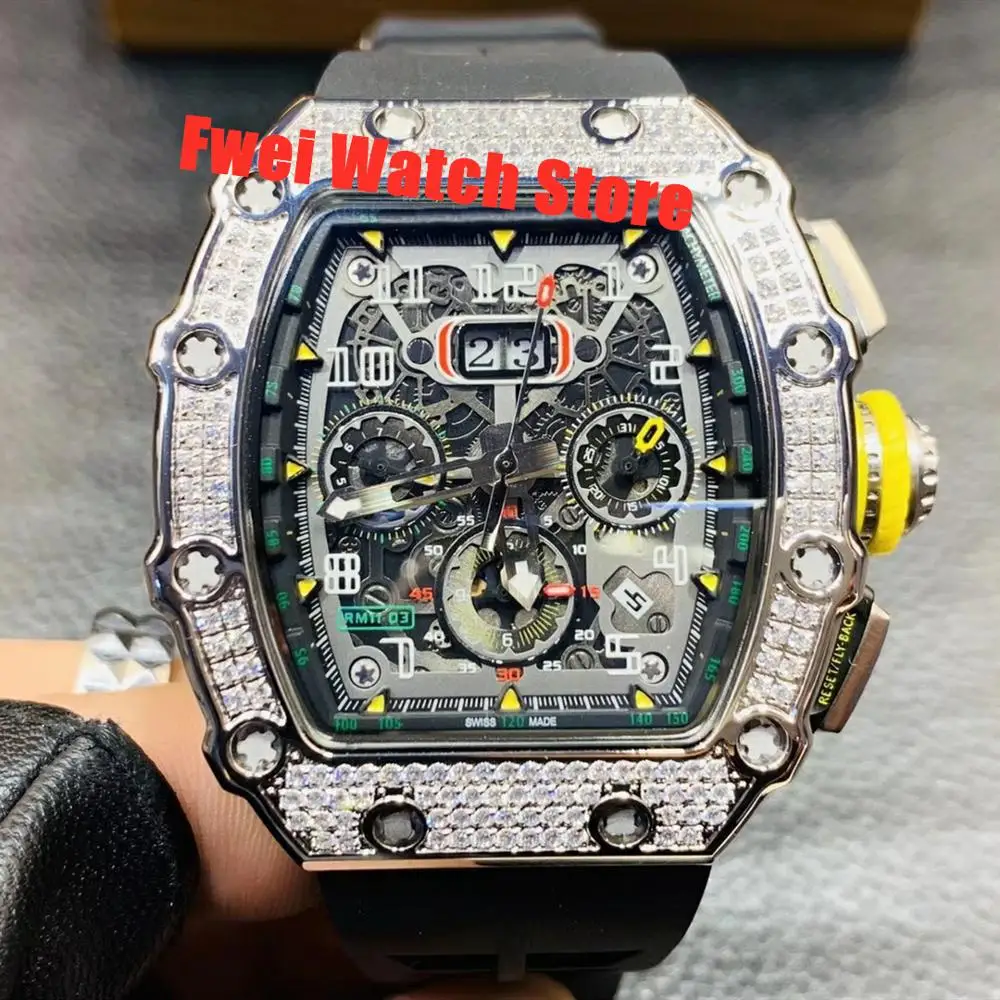 Роскошные мужские механические часы Diamond квадратные с резиновым ремешком модные