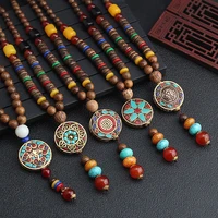 unisex vintage ethnic wood beads pendant necklaces for women lotus buddha statue wooden sweater chain jewelry