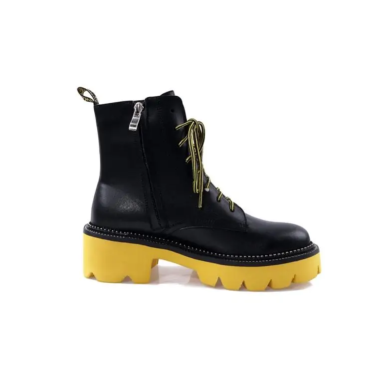 Buono Scarpe Mixed Color Women Ankle Boots Lace Up Female Ankle Botas Mujer Thick Bottom Genuine Leather Boots Fenimina Non-Slip