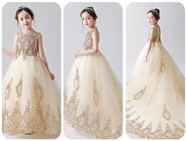 Пышное Платье для девочек в цветочек платья свадьбы и праздника Золото