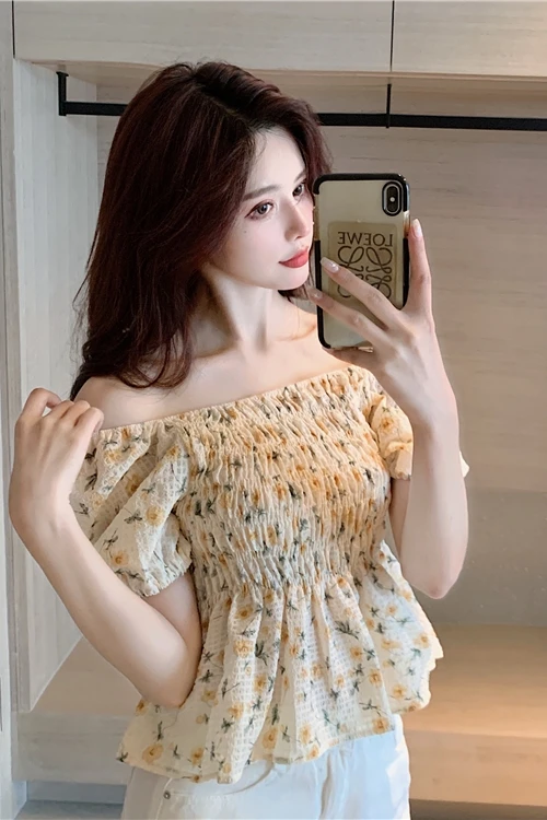 

COIGARSAM Short Sleeve blouse women New Summer Floral Print Chiffon Square Collar blusas womens tops and blouses 5828