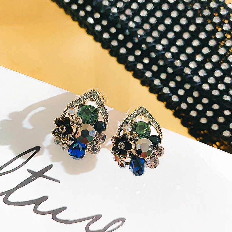 Женские Геометрические серьги гвоздики с кристаллами и цветком винтажные модные