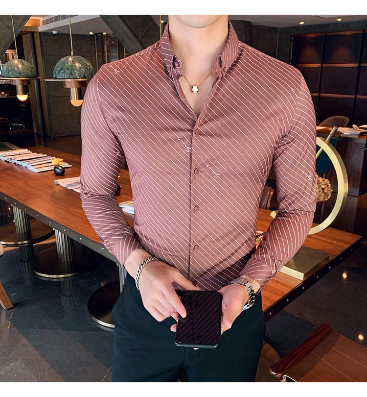 Chemise Homme британский стиль Для мужчин рубашка в полоску с длинными рукавами, высокое качество, отложной воротник, деловая, общественная рубашки Для мужчин клубный костюм-смокинг