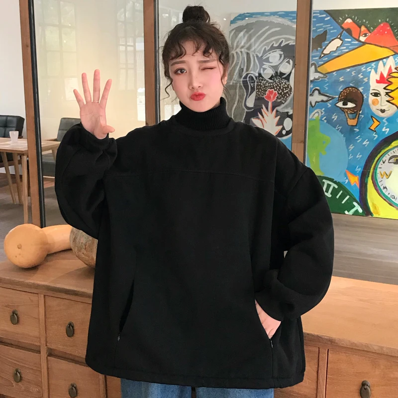

Hoodies Women Thicker Plus Velvet Solid False Two-piece Turtleneck Pocket Loose Oversize Long Style Womens Hoodie Leisure Simple