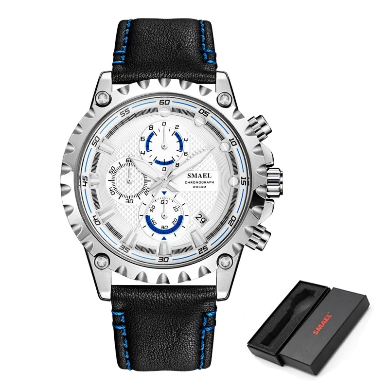 Black Blue SMAEL мужские часы новые модные синие повседневные кожаные модные кварцевые часы мужские наручные часы водонепроницаемые часы - Цвет: Black Blue