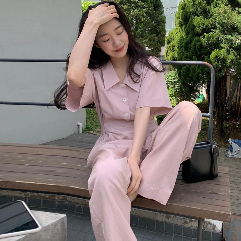 

Korean Chic Niche Gentle Pink Lapel Single-Breasted Waist Ring Buckle Short-Sleeved Casual Wide-Leg Pants Jumpsuit Women