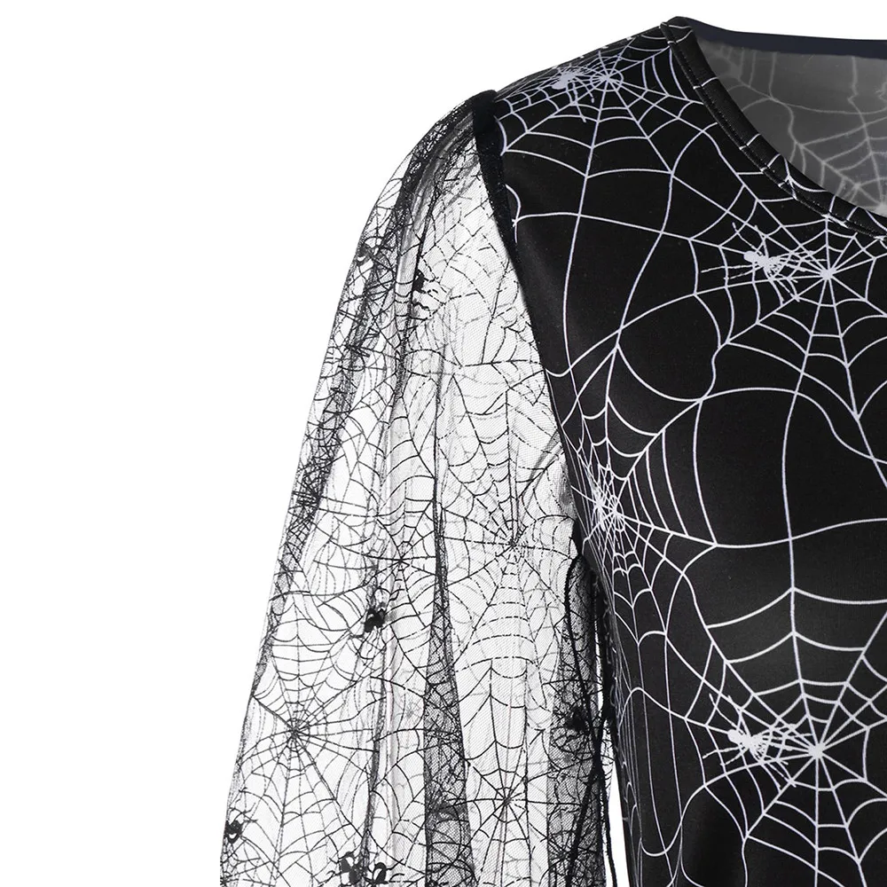 

Women Dress Loose Halloween Party Cobweb Print Yarn Long Sleeves Mini Dresses Female Autumn Winter Party Dress 40#