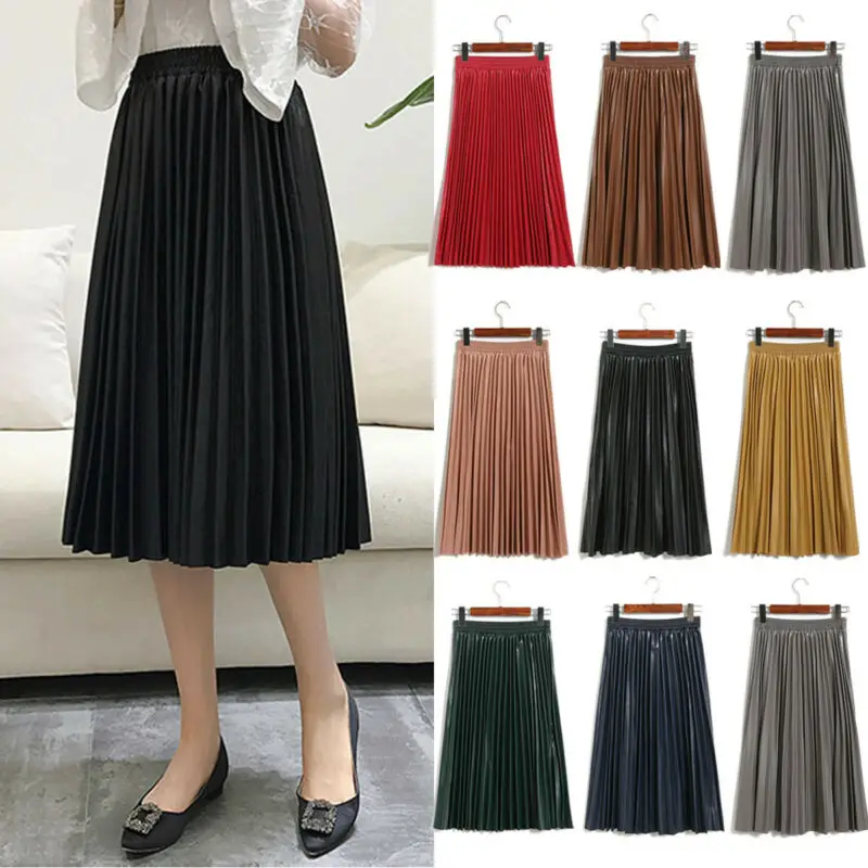 

Autumn Women Pleated Elastic High-waist Pleated PU Leather Skirts Skater All-match Casual Office Lady Slim Loose Maxi Skirt