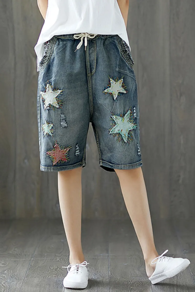 

Ladies jeans Pattern Patchwork knee length Elastic waist Vintage Bleached Washed shorts pants for women DM001