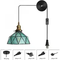 Plug In Ceiling Light Fixture In Cyan Stained Glass Hanging Light with Adjustable Hanging Cord Pendant Lamp for Dining Room
