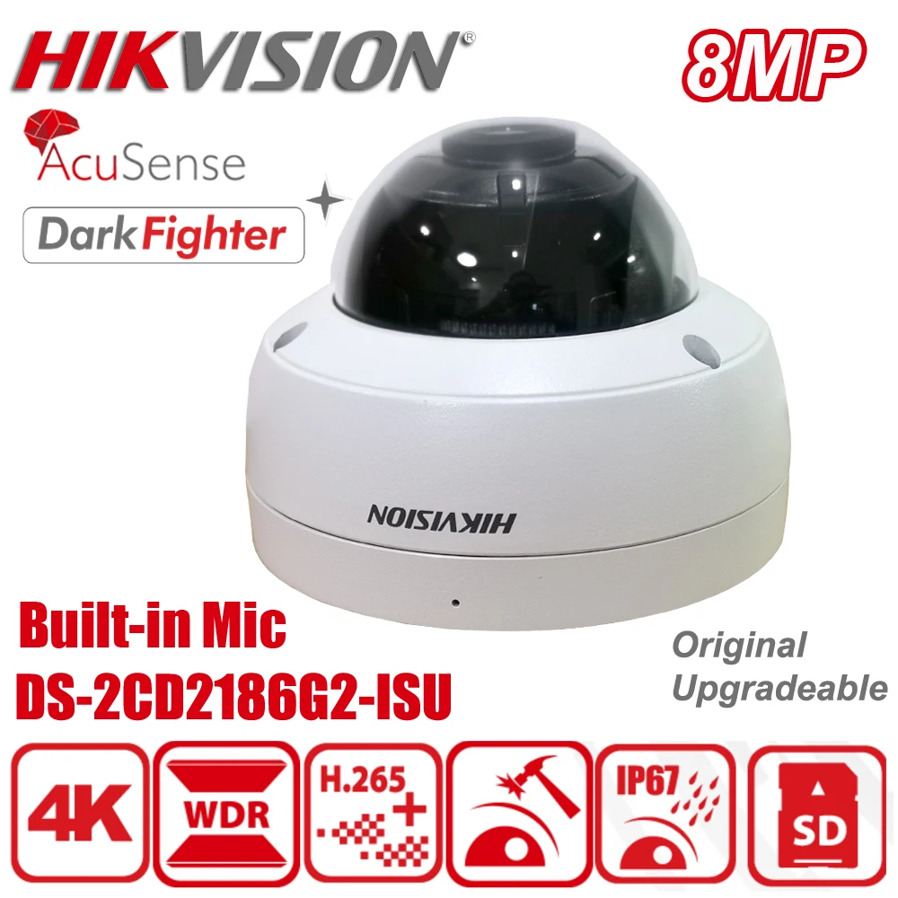 

Original Hikvision DS-2CD2186G2-ISU 8MP 4K POE IR IP67 IK10 DarkFighter AcuSense Dome CCTV IP Camera Built-in Mic