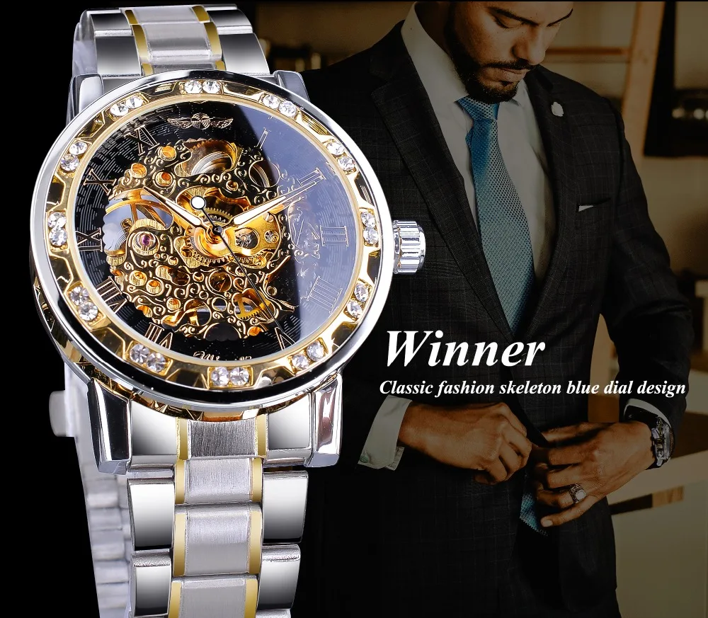 

WINNER Mechanical Watches For Men Hand-wind Watches Roman Number Skeleton Wristwatches Luminous Hands reloj hombre