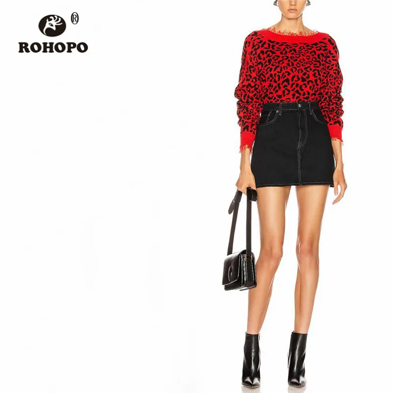 ROHOPO черный леопардовый длинный рукав с открытой спиной кисточкой подол красный