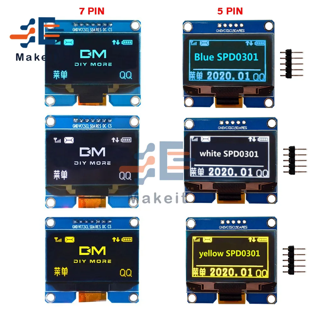 Модуль OLED 1 54 дюйма 5 контактов 7 белый синий желтый интерфейс SPI IIC I2C драйвер SSD1309