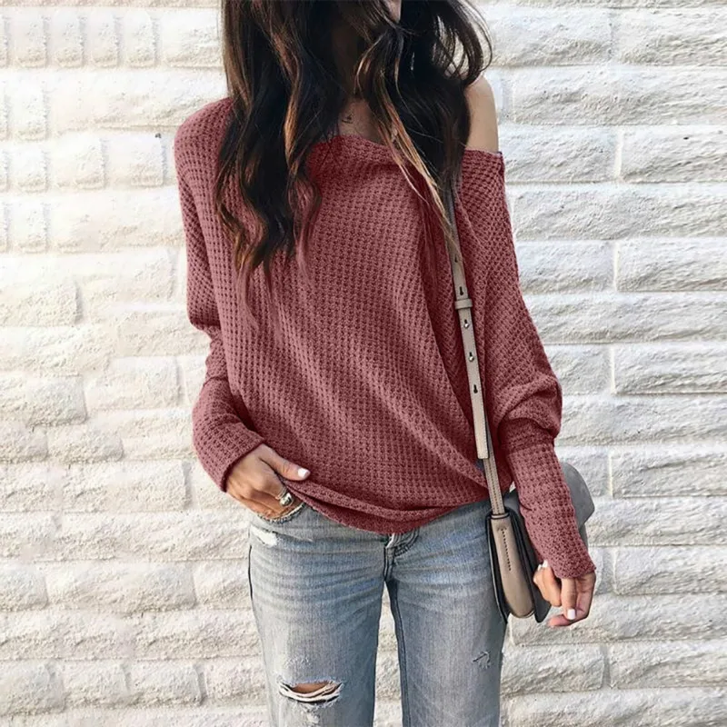 Women's T-Shirt Oblique Collar Strapless Lantern Long Sleeve Bat Autumn Casual Top strapless halter Solid color pullover tops | Женская