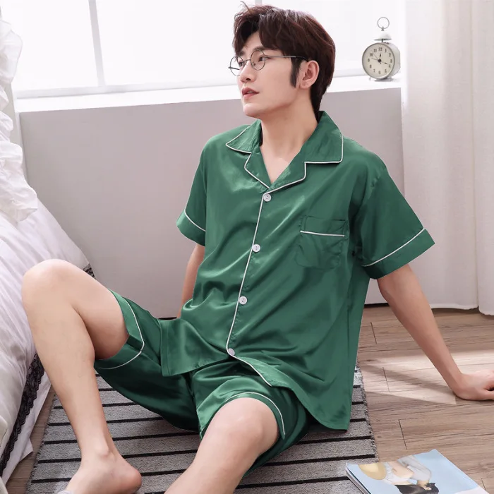 Spring Summer Men Faux Silk Pajamas Set Simple Pure Color Leisure Nightwear Short Sleeves Satin Sleepwear