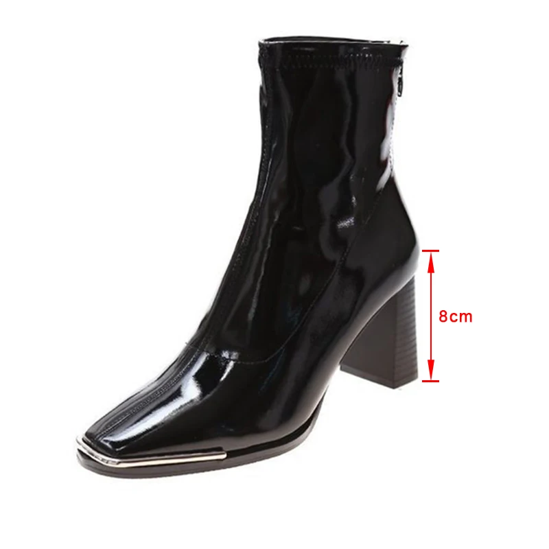 

2021 Autumn Ladies Ankle Boots High Heels Square Toe Metal Women's Mid-calf Boots Patent Leather Solid Slip On Female Shoes