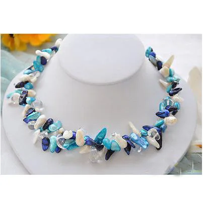 

New Arrival Baroque Pearl Necklace 2 Rows 18'' White Blue Color Real Freshwater Pearls Crystal Beads Fashion Jewelry Women Gift