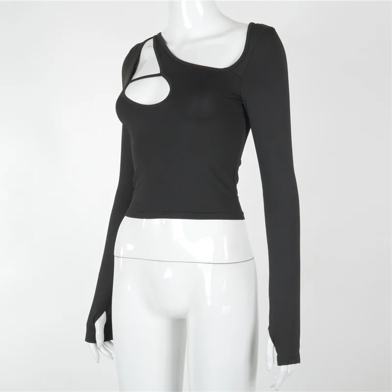 

Hollow Out Crop Top Y2K Punk Tee Shirts For Women Asymmetrical Gothic Streetwear 2021 Spring Sexy Skinny Club Clothes Top