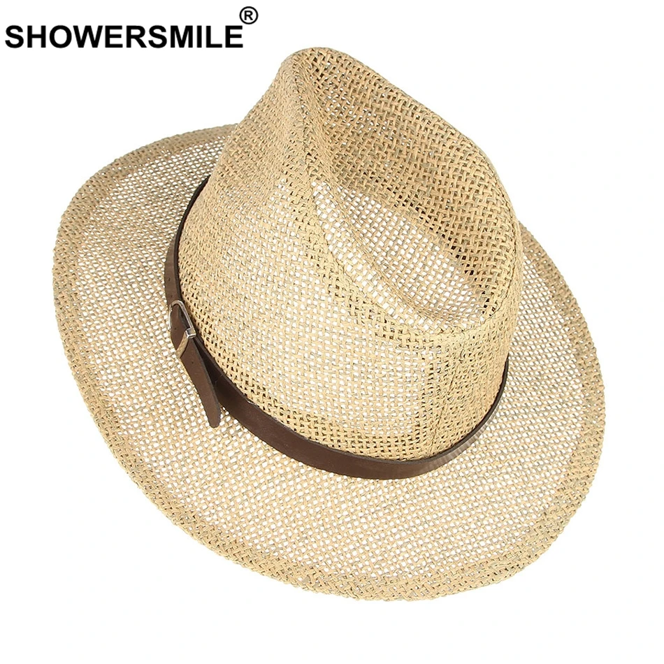 SHOWERSMILE мужские соломенные шляпы летние женские джаз шляпа с поясом хаки унисекс