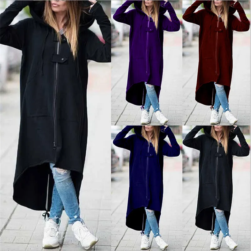 

2021 Autumn Winter Women Trench Fashion Hooded Zipper Long Trench Fleece Women Causal Solid Irregular Pocket Long Trench