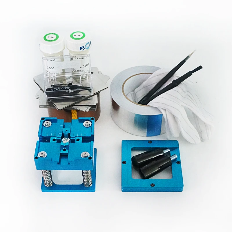 

Blue With handle Reballing Jig 36Pcs BGA Stencils Kit Solder Balls ESD Anti-Slip Glove Tweezer Brush Tape Vacuum Suction Pen