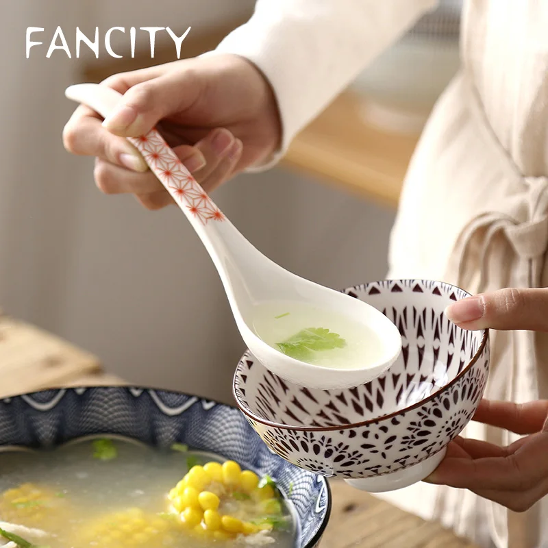 

FANCITY Large porcelain spoon, long handle spoon, stir spoon, drink soup tableware, household spoon