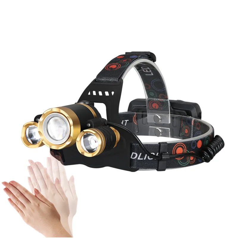 Сенсорный светодиодный налобный фонарь 3 * T6 высокой мощности водонепроницаемый