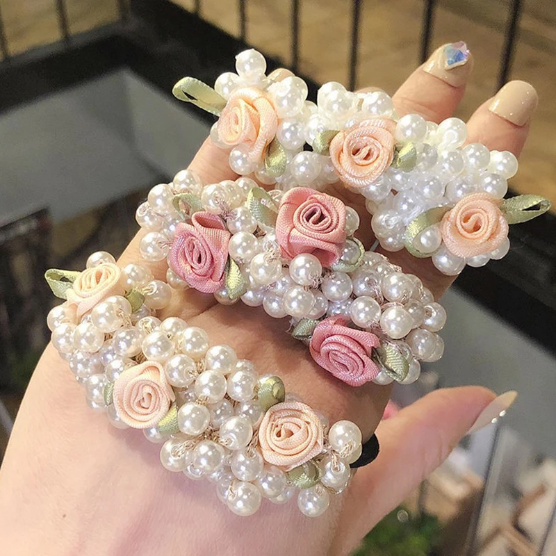 women pearls hair rope ponytail holder scrunchies pearl elastic hair rings exquisite flowers elastic women hair accessories 1 pc free global shipping