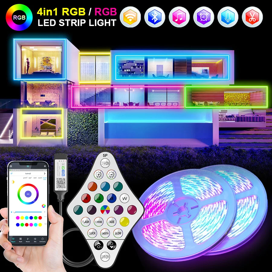 

Светодиодная ленсветильник 5050 RGBWW 4 в 1, 1-20 м, Bluetooth, Wi-Fi