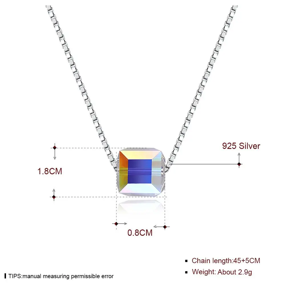

LEKANI Blue Cube Crystals From Swarovski Necklace 925 Sterling Silver Square Shape Pendant Wedding Jewelry Necklace