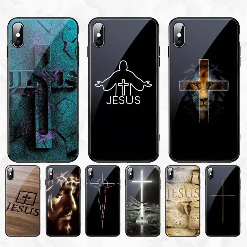 

CUTEWANAN Jesus Cross Black TPU Soft Rubber Phone Cover Tempered Glass For iPhone 11 Pro XR XS MAX 8 X 7 6S 6 Plus SE 2020 case