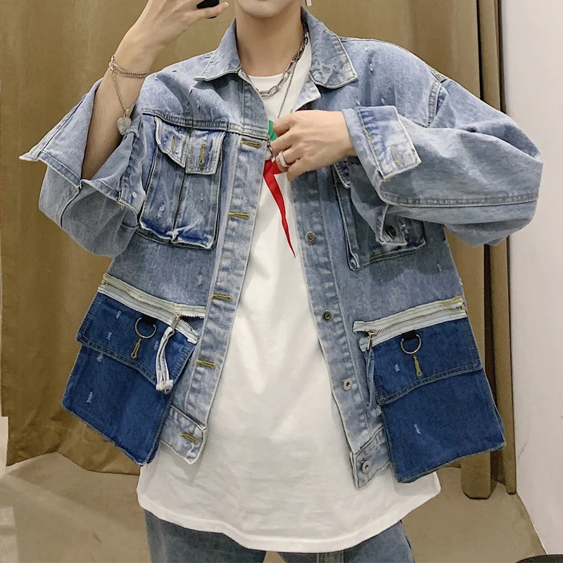 

Autumn washable detachable multi-pocket washed denim clothing embroidered tide men's Japanese jacket