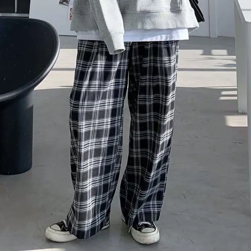 

Брюки женские клетчатые с широкими штанинами, повседневные универсальные уличные штаны в стиле ретро Харадзюку, с завышенной талией, в стиле унисекс, на лето