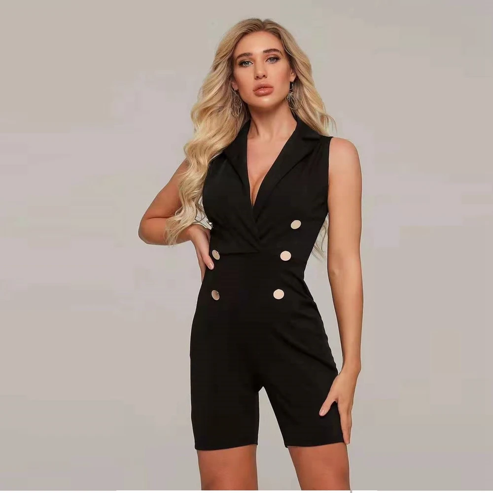 Женский Облегающий комбинезон на пуговицах черный однотонный клубный без