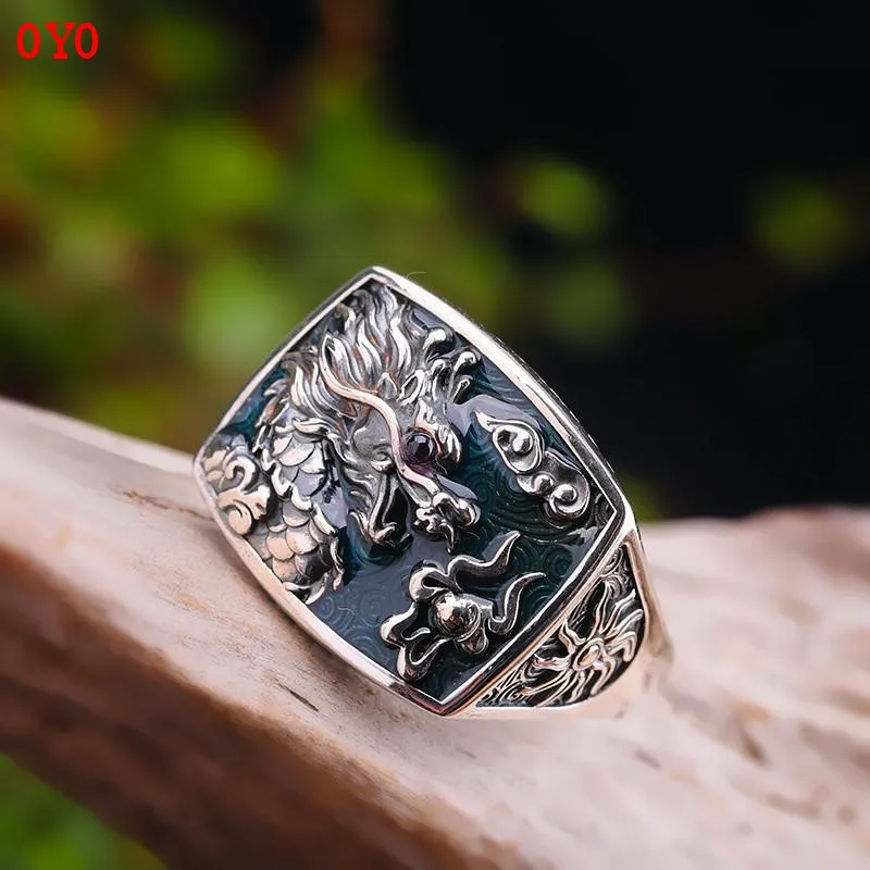 100% 925 solid Pure Silver Dragon Rings For Men And Women Cz Stone Setting Vintage Hollow Design Enameling Process | Украшения и