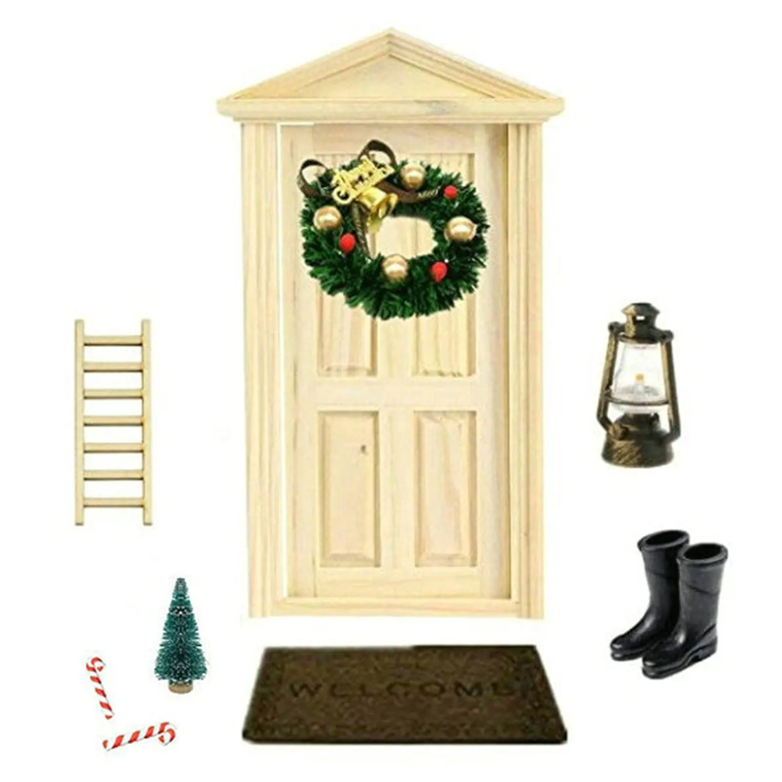 

10pcs Broom Carpet Wreath Candy Cane Tree Miniature Wood Door DollHouse Accessories Set Christmas Decor Vintage Lantern Boots