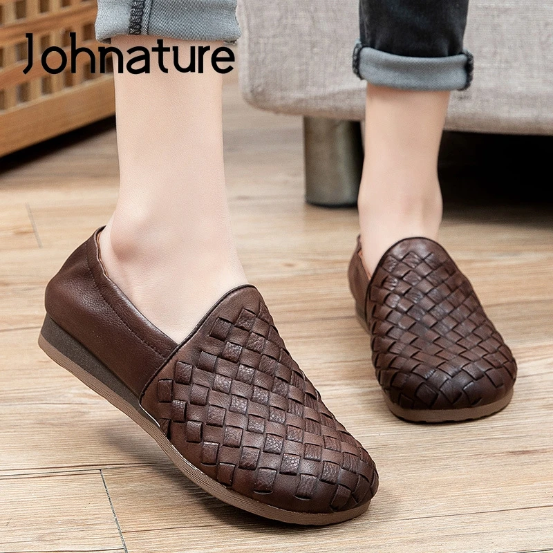 

Johnature 2022 New Flats Women Shoes Genuine Leather Handmade Weave Spring/Autumn Shallow Concise Leisure Round Toe Ladies Shoes