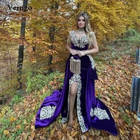 verngo abaya dubai kaftan purple evening dresses with detachable train lace applique slit long evening gowns women caftan islam
