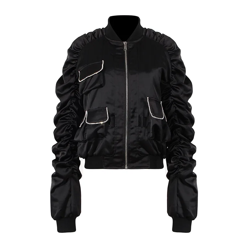 

Women Jacket Cotton-padded Jcket 2020 Winter Pleated Sleeves Multi-pocket Diamond Chain Decorative Quilted Women's Jacket