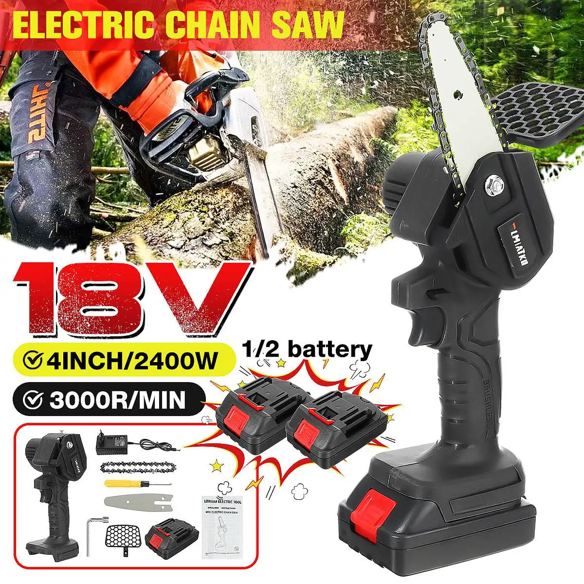4 Inch 88V 3000W Mini Electric Chain Saw With  Battery Woodworking Pruning ChainSaw One-handed Garden Logging Power Tool