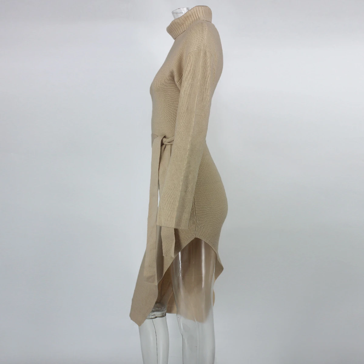 Женское вязаное платье Fuedage осенне зимнее облегающее с высоким разрезом и поясом