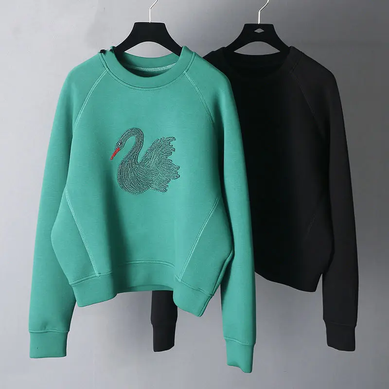 

2021 New Women Swan Embroidery Sweatshirt Lady Casual Hoodies Female Fashion Green Outerwear Women's Loose Hoodies