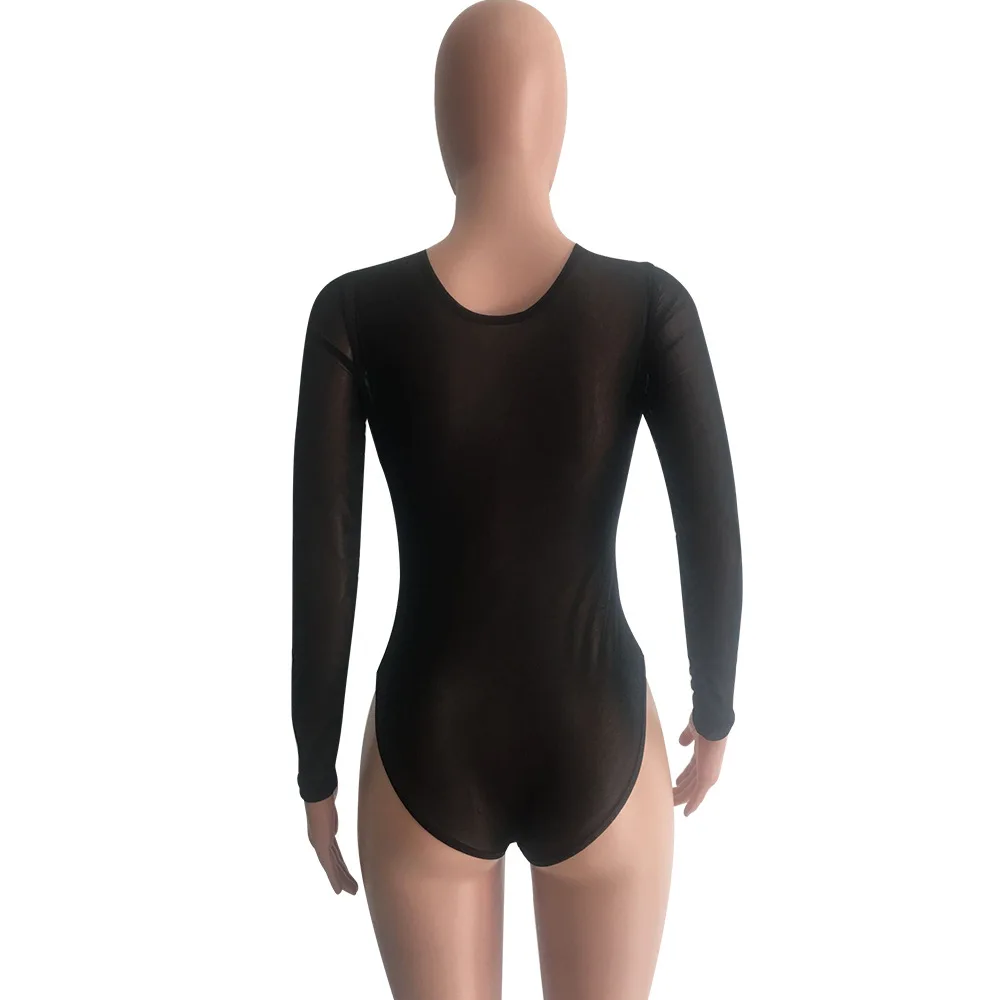

68L5101 Summer fashion sexy long sleeve transparent black mesh ironing one piece Jumpsuit bathing suit women