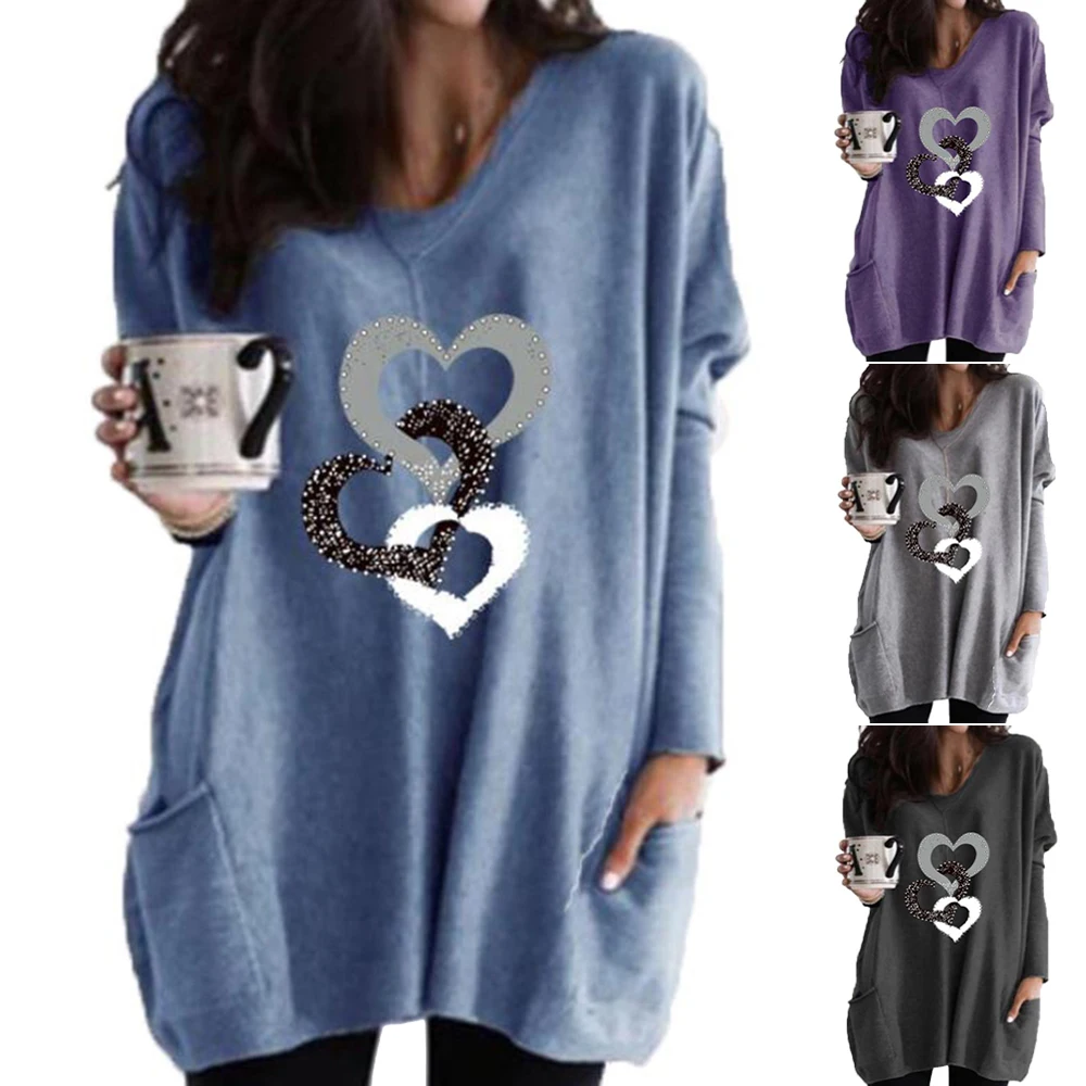 

Heart Printed T Shirt Female Women T Shirt Plus Size Women V Neck Long Sleeve Top Loose Pullover Pocket Tops Loose Mid Length